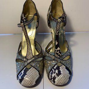 Miu Miu Snakeskin & Gold Glitter Modern MaryJane T-Strap